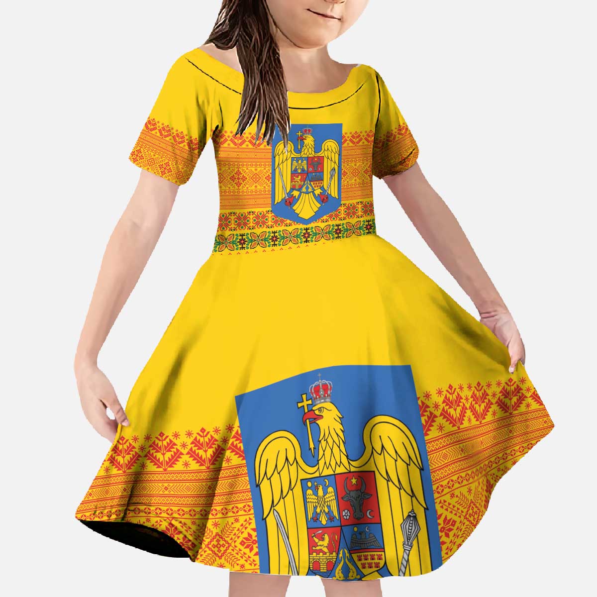 Romania Merry Christmas Family Matching Off The Shoulder Long Sleeve Dress and Hawaiian Shirt Romania Emblem Traditional Folk Art - Polynesian Pride
