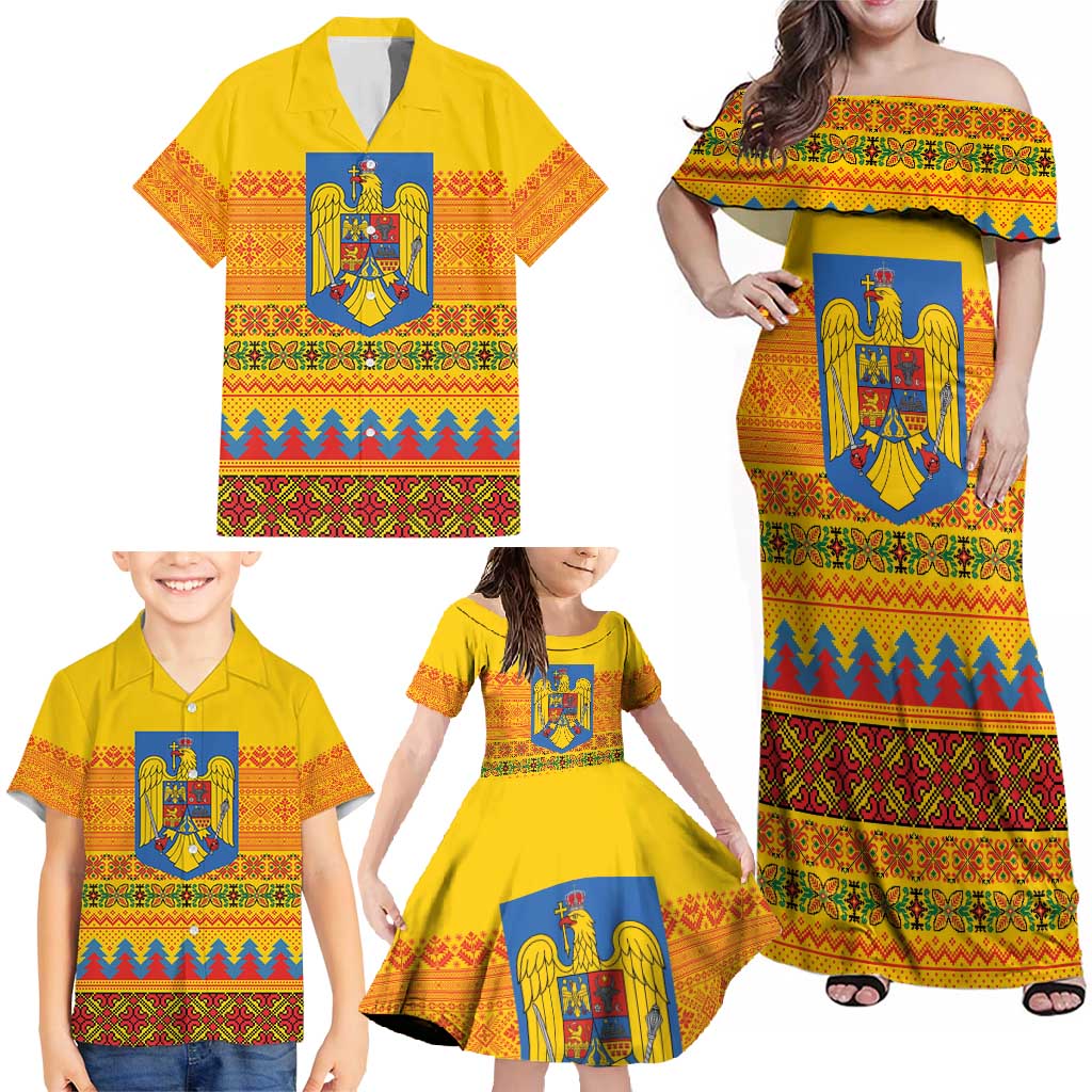 Romania Merry Christmas Family Matching Off Shoulder Maxi Dress and Hawaiian Shirt Romania Emblem Traditional Folk Art - Polynesian Pride