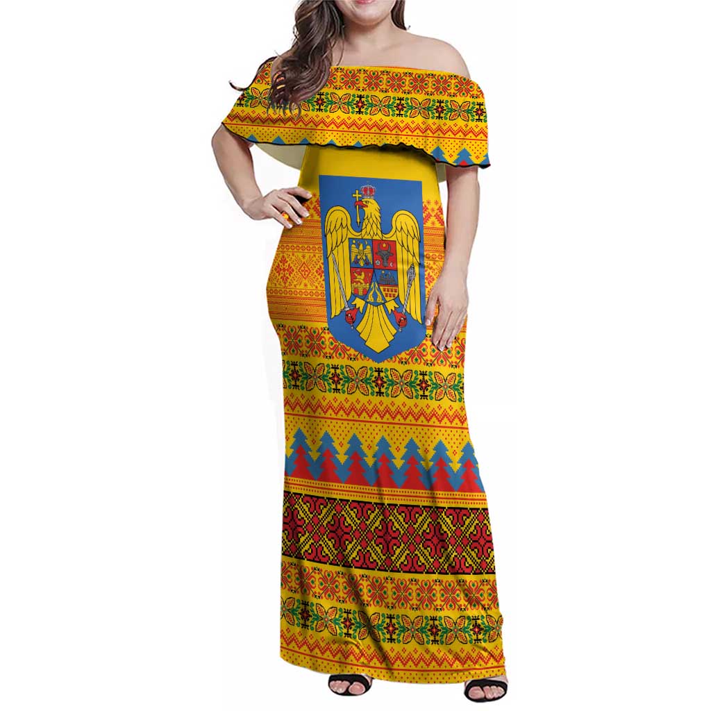 Romania Merry Christmas Family Matching Off Shoulder Maxi Dress and Hawaiian Shirt Romania Emblem Traditional Folk Art - Polynesian Pride