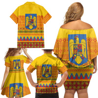 Romania Merry Christmas Family Matching Off Shoulder Short Dress and Hawaiian Shirt Romania Emblem Traditional Folk Art - Polynesian Pride