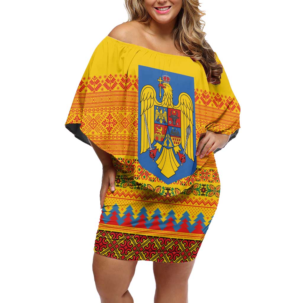 Romania Merry Christmas Family Matching Off Shoulder Short Dress and Hawaiian Shirt Romania Emblem Traditional Folk Art - Polynesian Pride