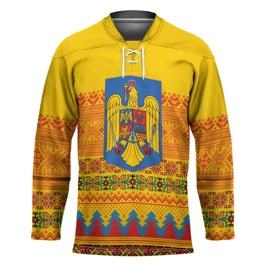 Romania Merry Christmas Hockey Jersey Romania Emblem Traditional Folk Art - Polynesian Pride