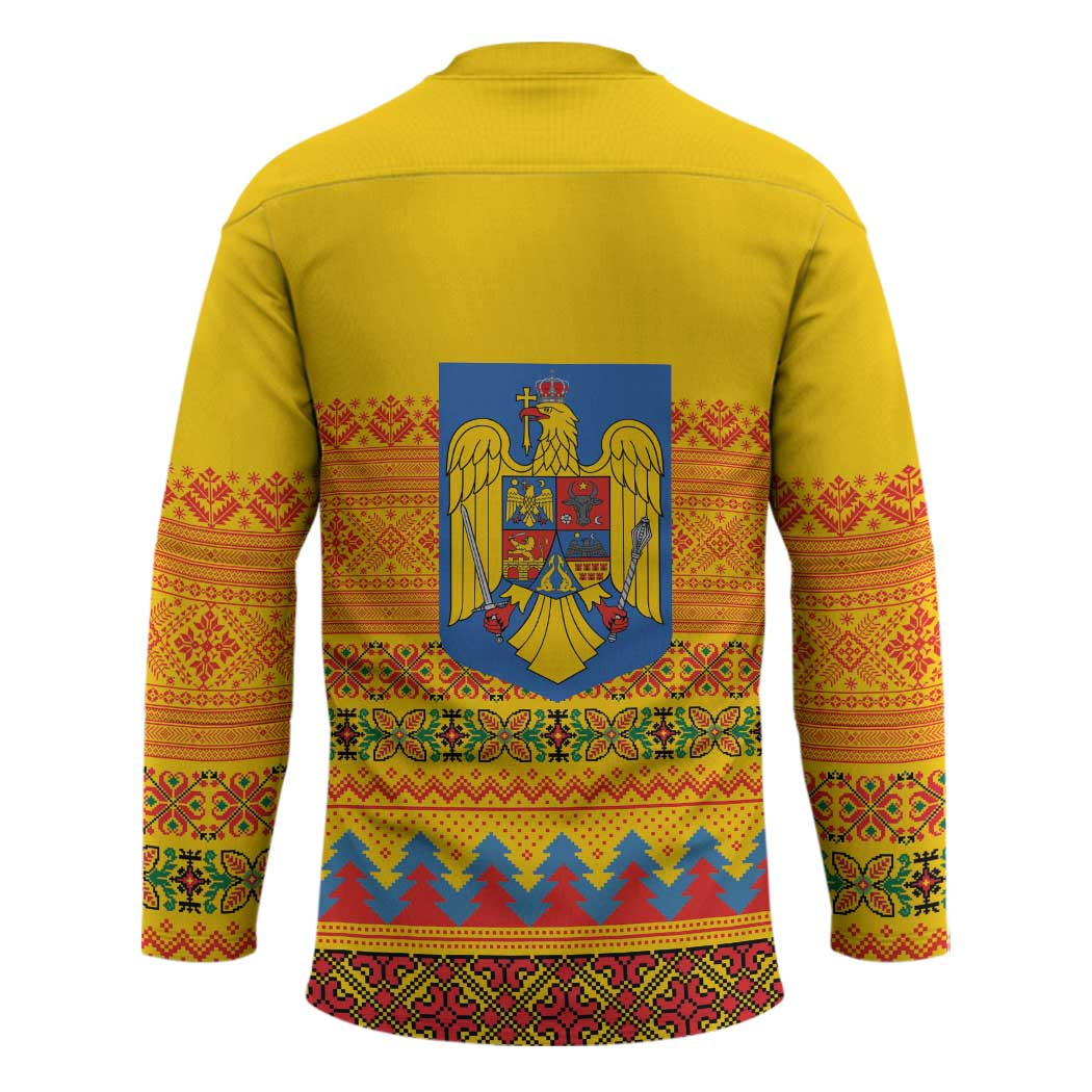 Romania Merry Christmas Hockey Jersey Romania Emblem Traditional Folk Art - Polynesian Pride