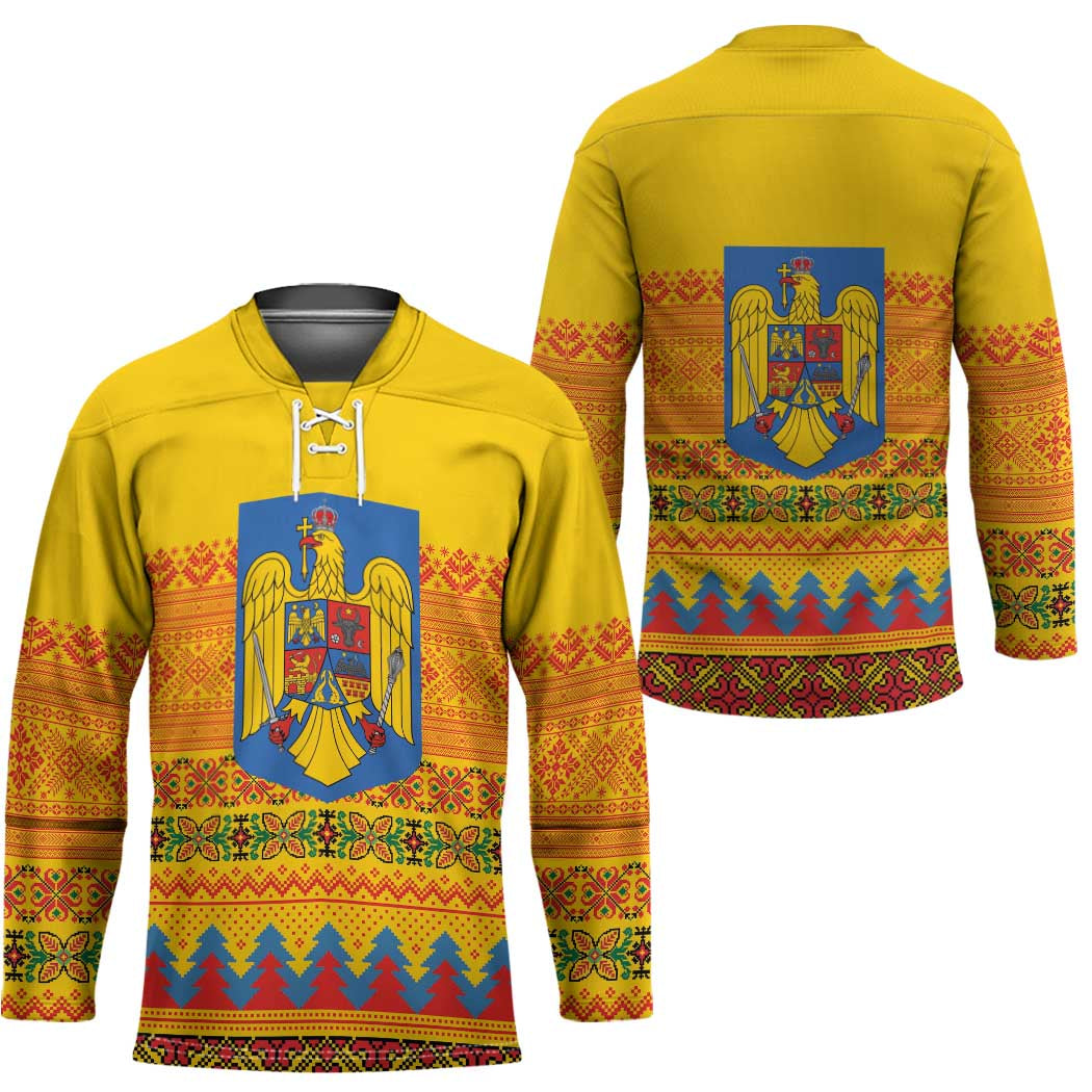 Romania Merry Christmas Hockey Jersey Romania Emblem Traditional Folk Art - Polynesian Pride