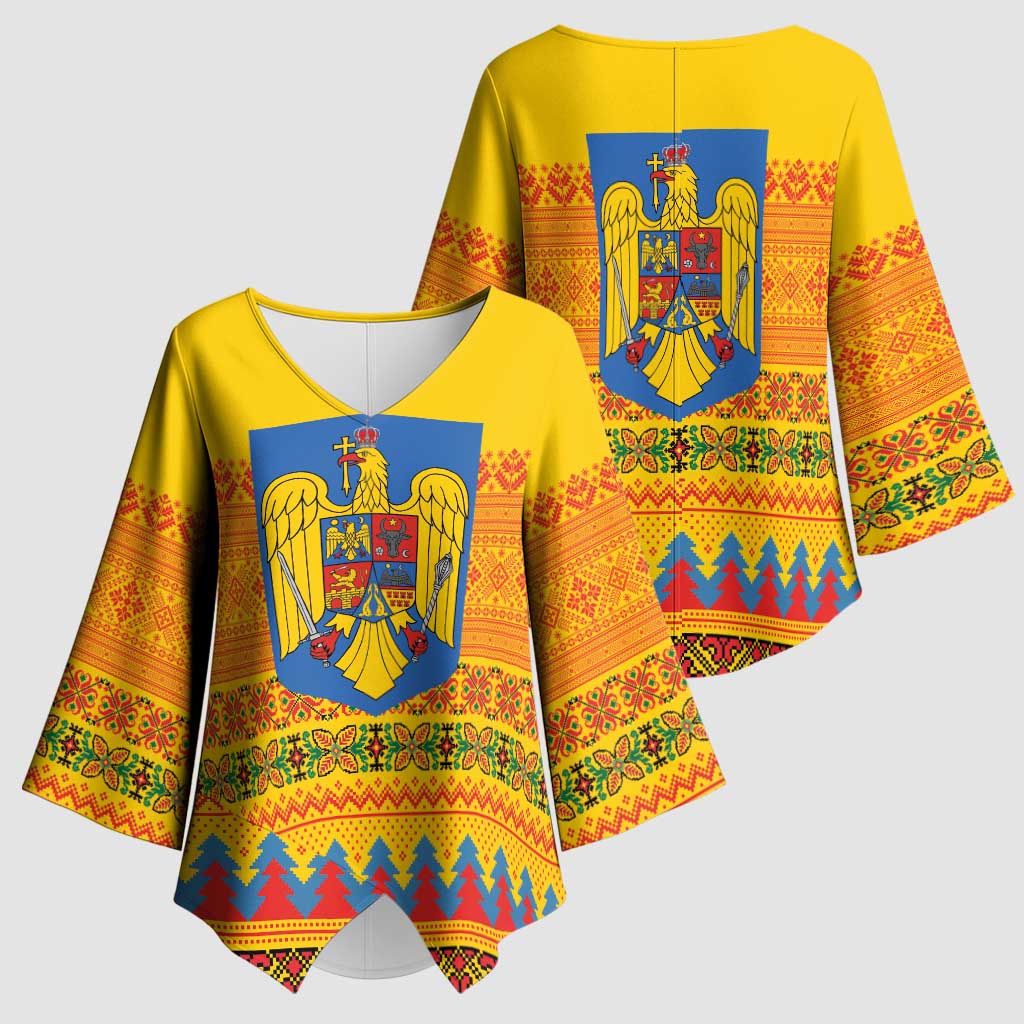 Romania Merry Christmas Kimono Sleeve Blouse Romania Emblem Traditional Folk Art - Polynesian Pride