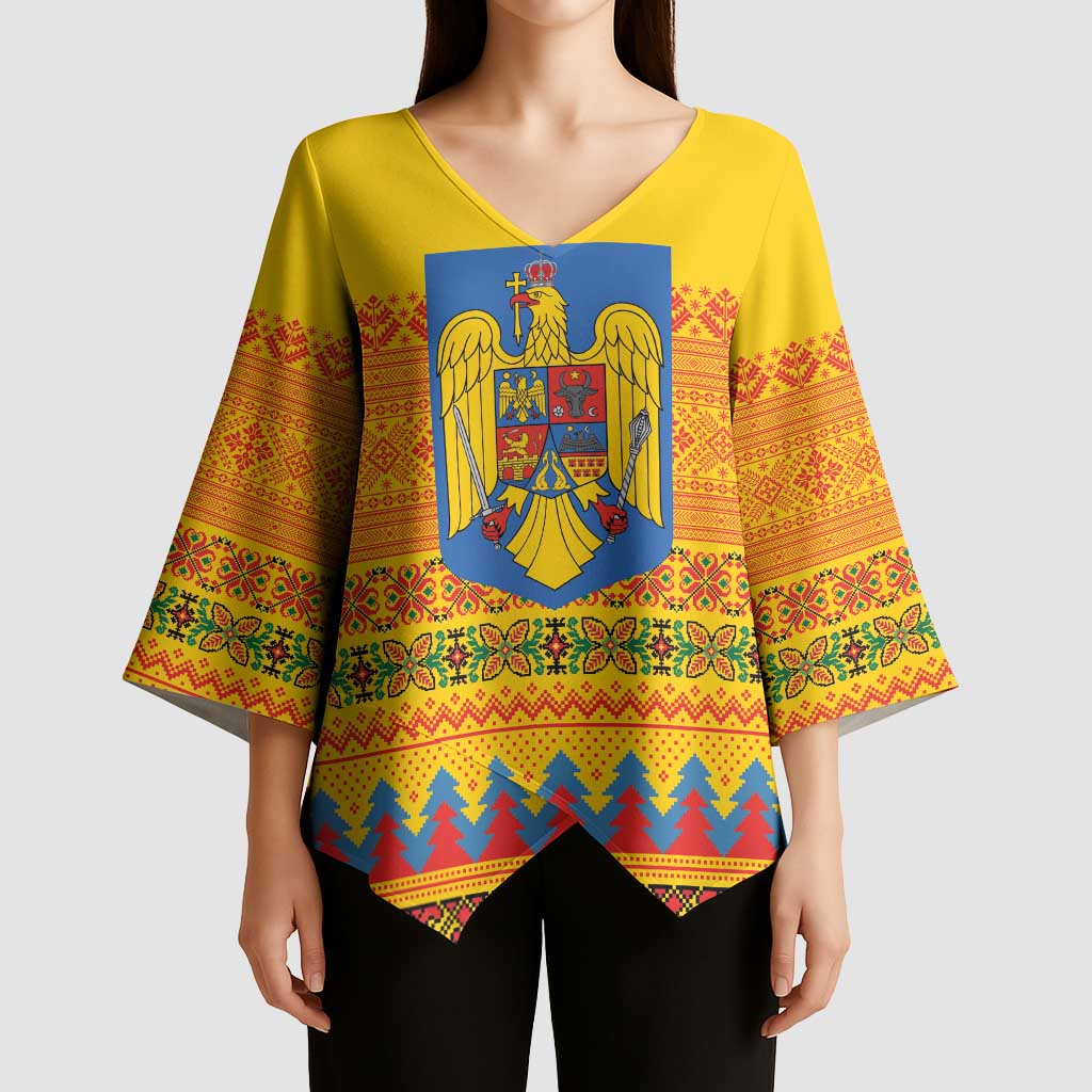Romania Merry Christmas Kimono Sleeve Blouse Romania Emblem Traditional Folk Art - Polynesian Pride