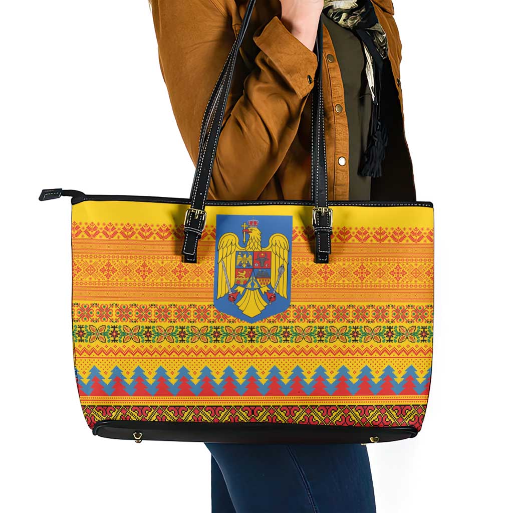 Romania Merry Christmas Leather Tote Bag Romania Emblem Traditional Folk Art - Polynesian Pride