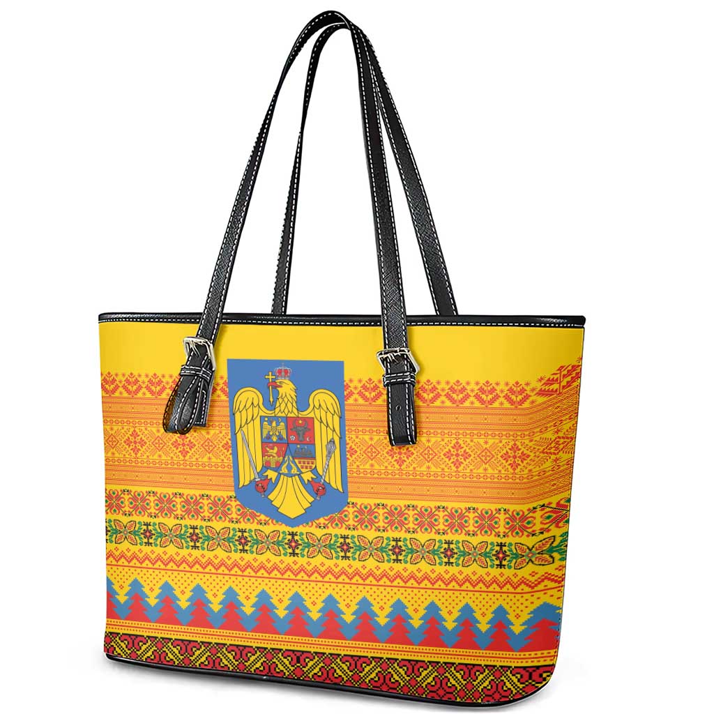 Romania Merry Christmas Leather Tote Bag Romania Emblem Traditional Folk Art - Polynesian Pride