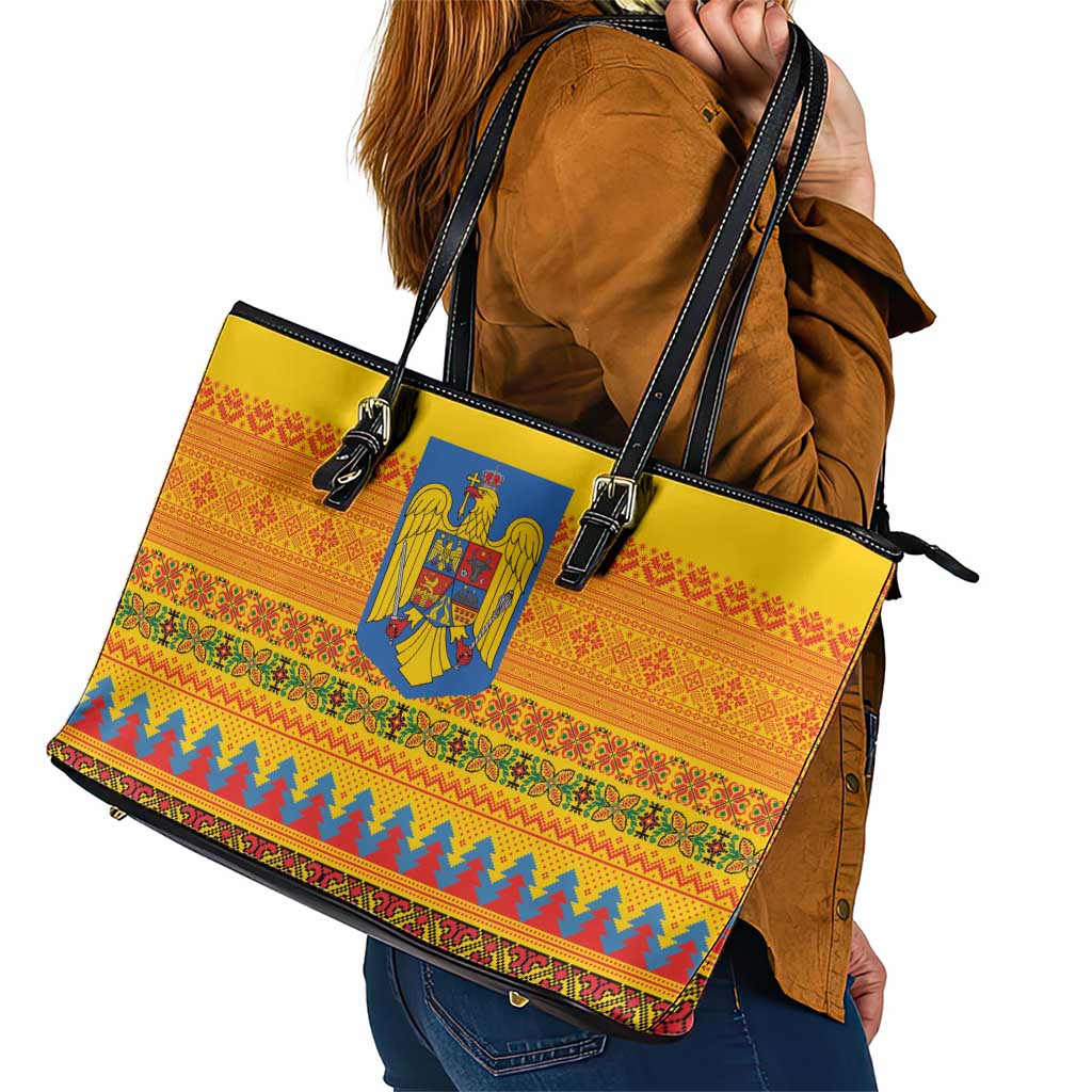 Romania Merry Christmas Leather Tote Bag Romania Emblem Traditional Folk Art - Polynesian Pride