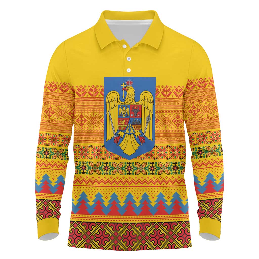 Romania Merry Christmas Long Sleeve Polo Shirt Romania Emblem Traditional Folk Art - Polynesian Pride