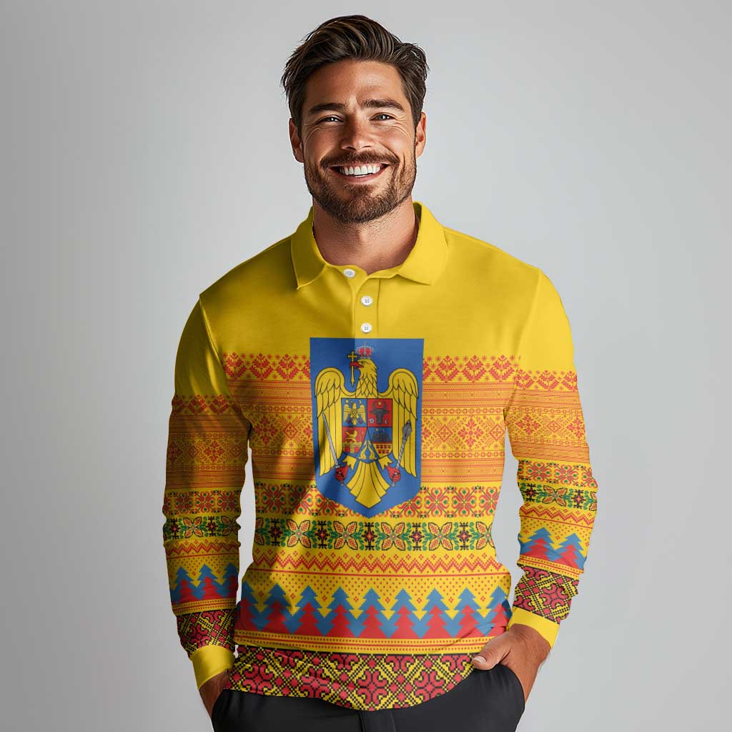 Romania Merry Christmas Long Sleeve Polo Shirt Romania Emblem Traditional Folk Art - Polynesian Pride