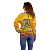Romania Merry Christmas Off Shoulder Sweater Romania Emblem Traditional Folk Art - Polynesian Pride