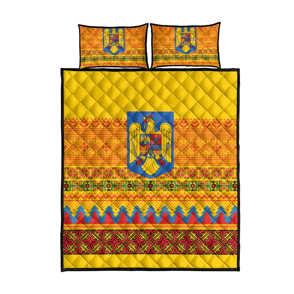 Romania Merry Christmas Quilt Bed Set Romania Emblem Traditional Folk Art - Polynesian Pride