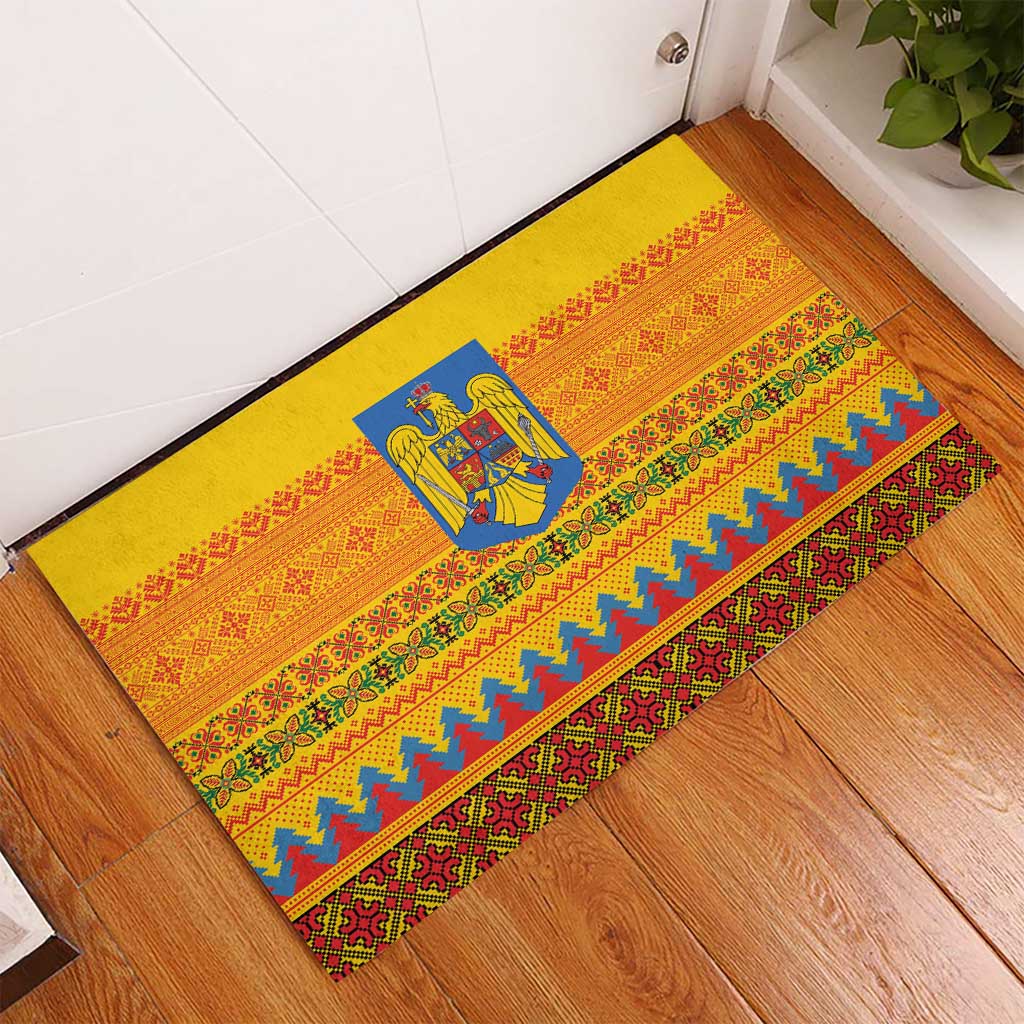 Romania Merry Christmas Rubber Doormat Romania Emblem Traditional Folk Art - Polynesian Pride