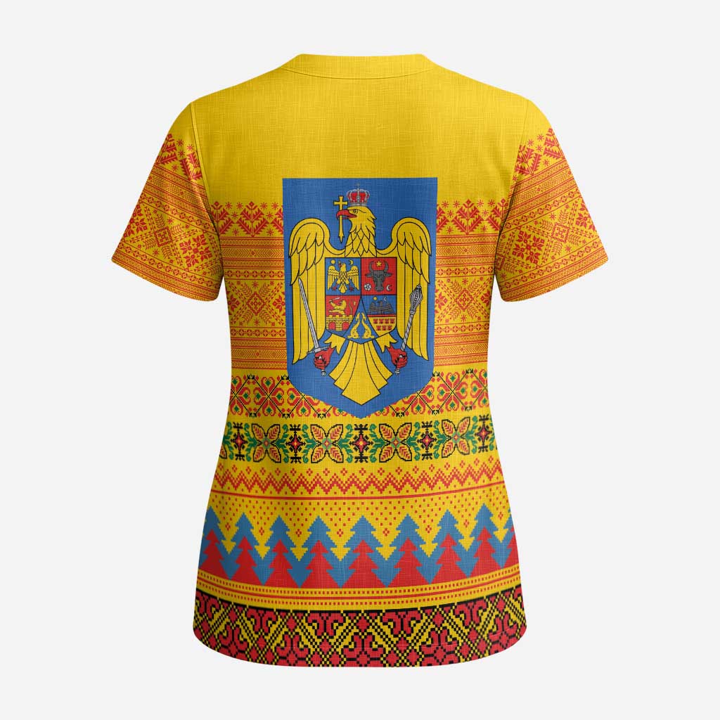 Romania Merry Christmas Scrub Top Romania Emblem Traditional Folk Art - Polynesian Pride