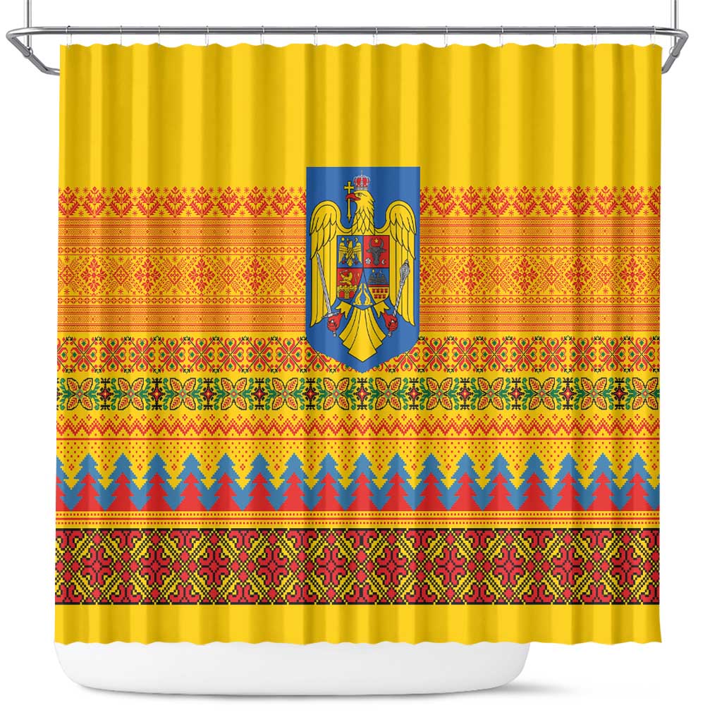 Romania Merry Christmas Shower Curtain Romania Emblem Traditional Folk Art - Polynesian Pride