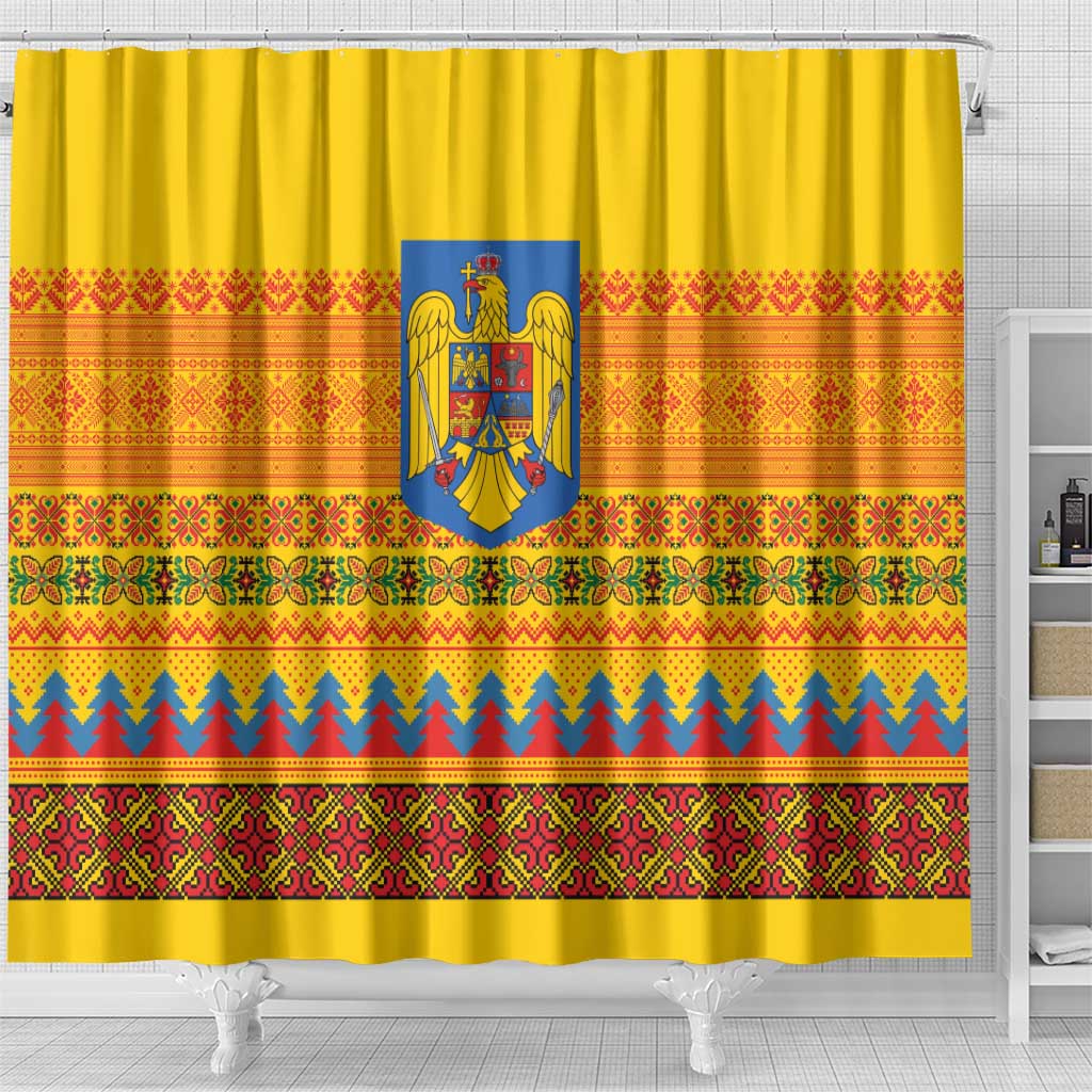 Romania Merry Christmas Shower Curtain Romania Emblem Traditional Folk Art - Polynesian Pride