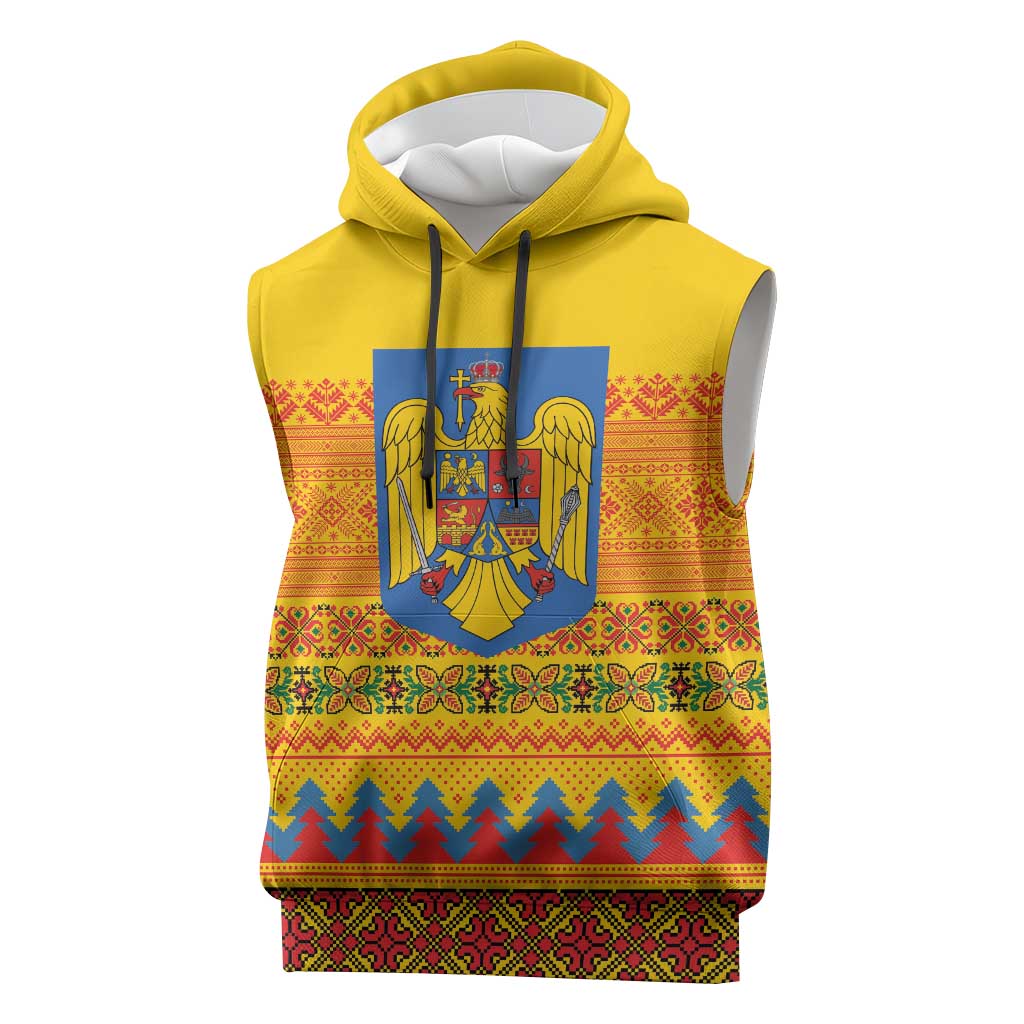 Romania Merry Christmas Sleeveless Hoodie Romania Emblem Traditional Folk Art - Polynesian Pride