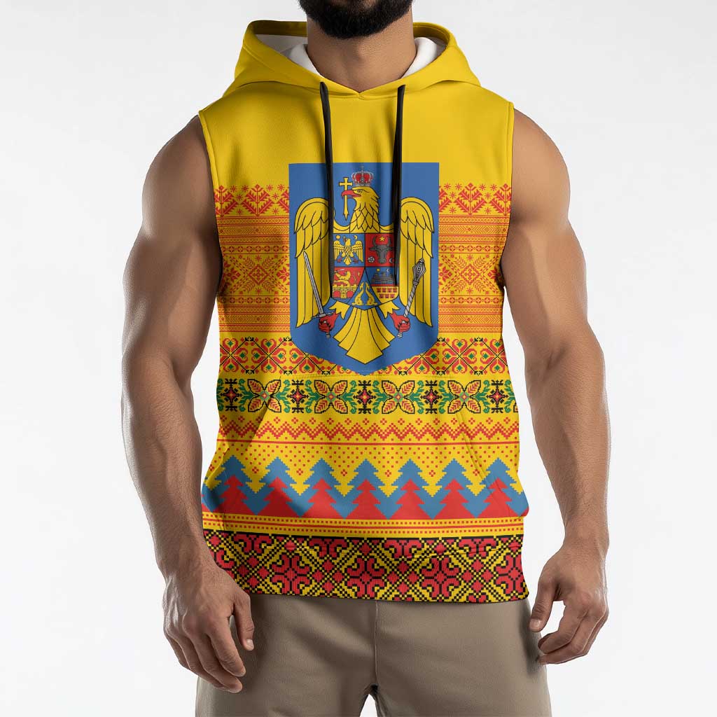 Romania Merry Christmas Sleeveless Hoodie Romania Emblem Traditional Folk Art - Polynesian Pride