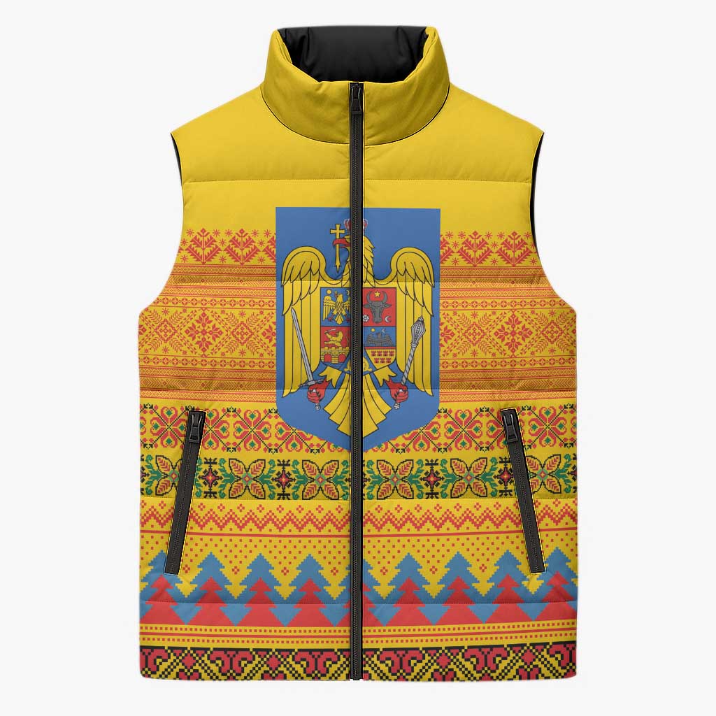 Romania Merry Christmas Sleeveless Puffer Jacket Romania Emblem Traditional Folk Art - Polynesian Pride