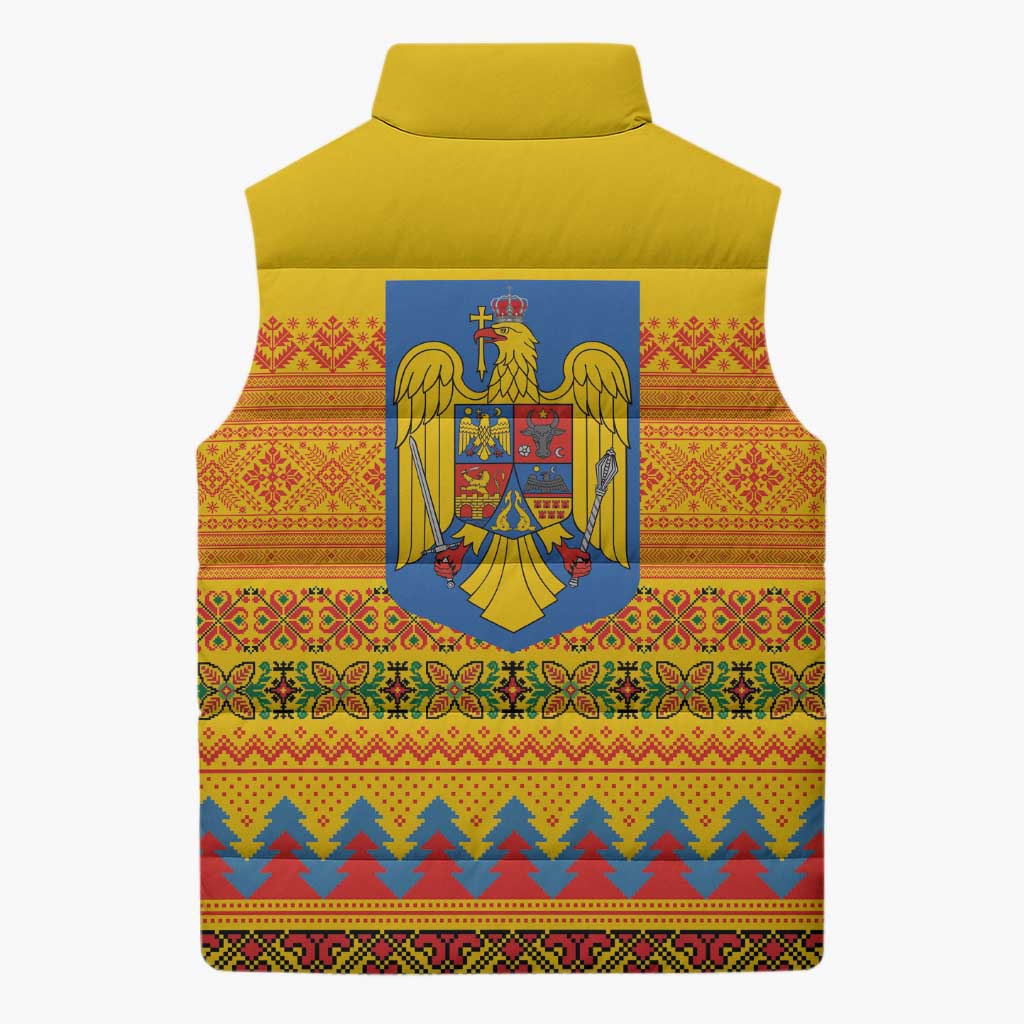 Romania Merry Christmas Sleeveless Puffer Jacket Romania Emblem Traditional Folk Art - Polynesian Pride
