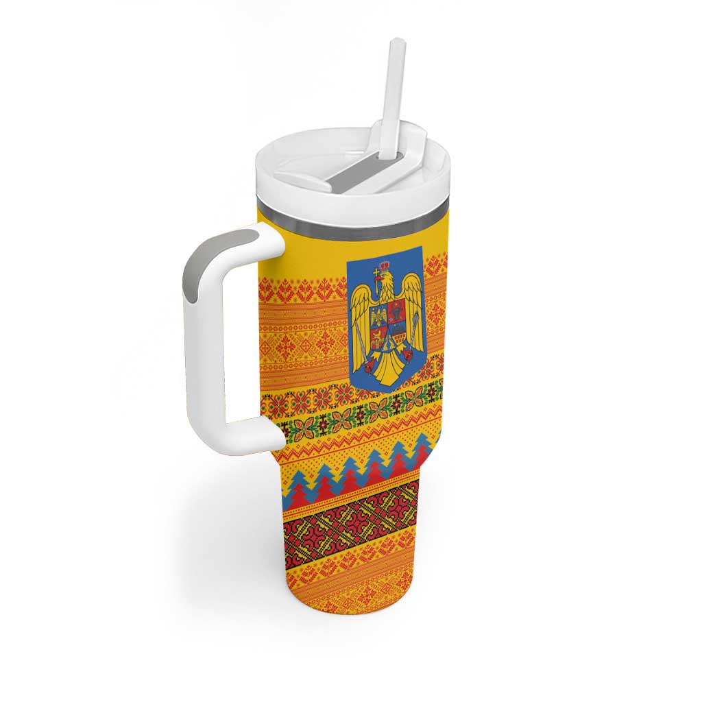 Romania Merry Christmas Tumbler With Handle Romania Emblem Traditional Folk Art - Polynesian Pride