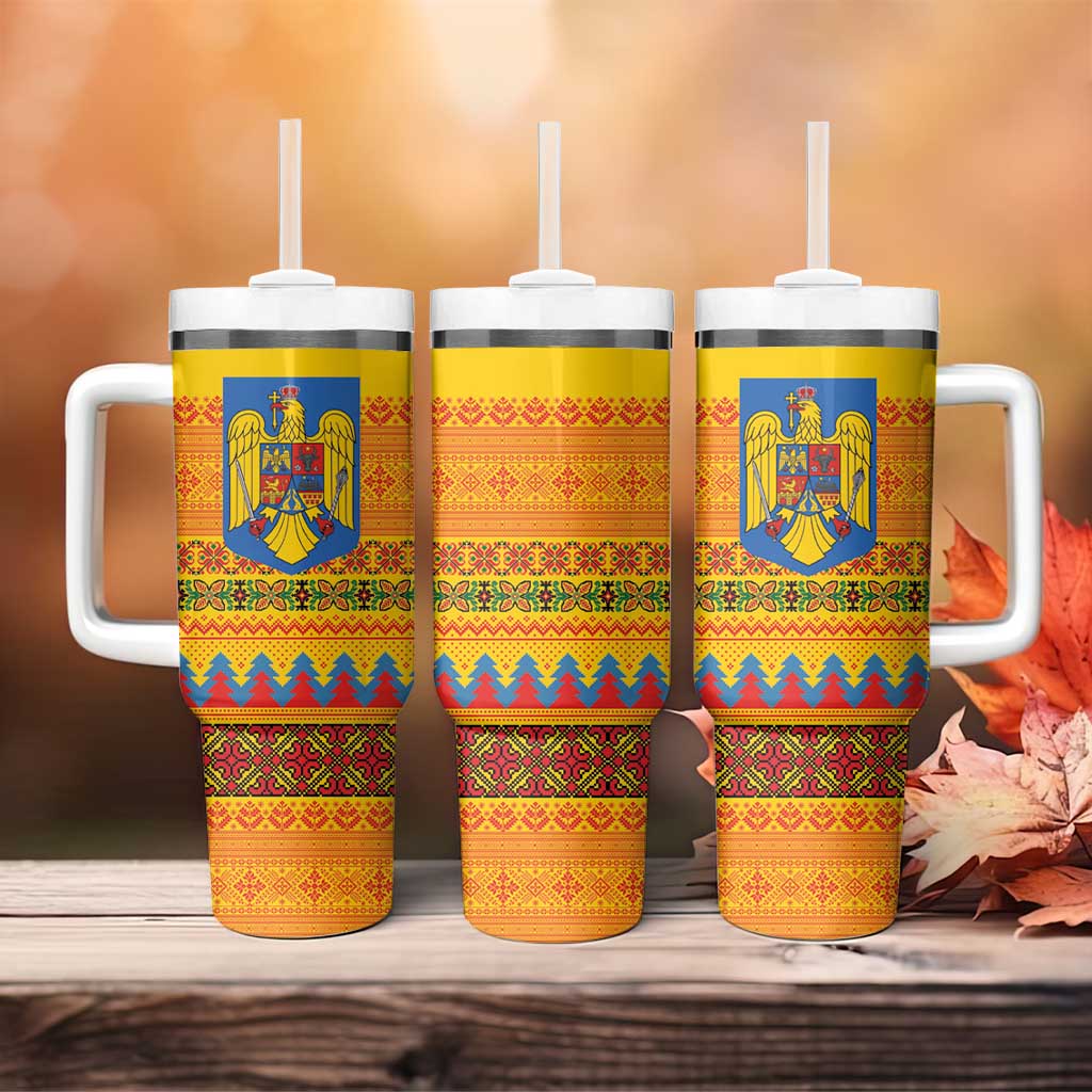 Romania Merry Christmas Tumbler With Handle Romania Emblem Traditional Folk Art - Polynesian Pride