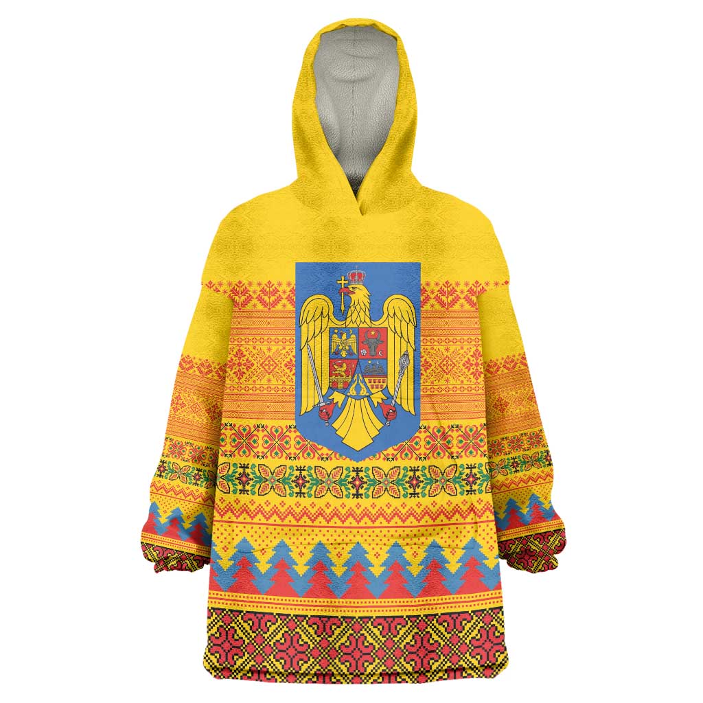 Romania Merry Christmas Wearable Blanket Hoodie Romania Emblem Traditional Folk Art - Polynesian Pride