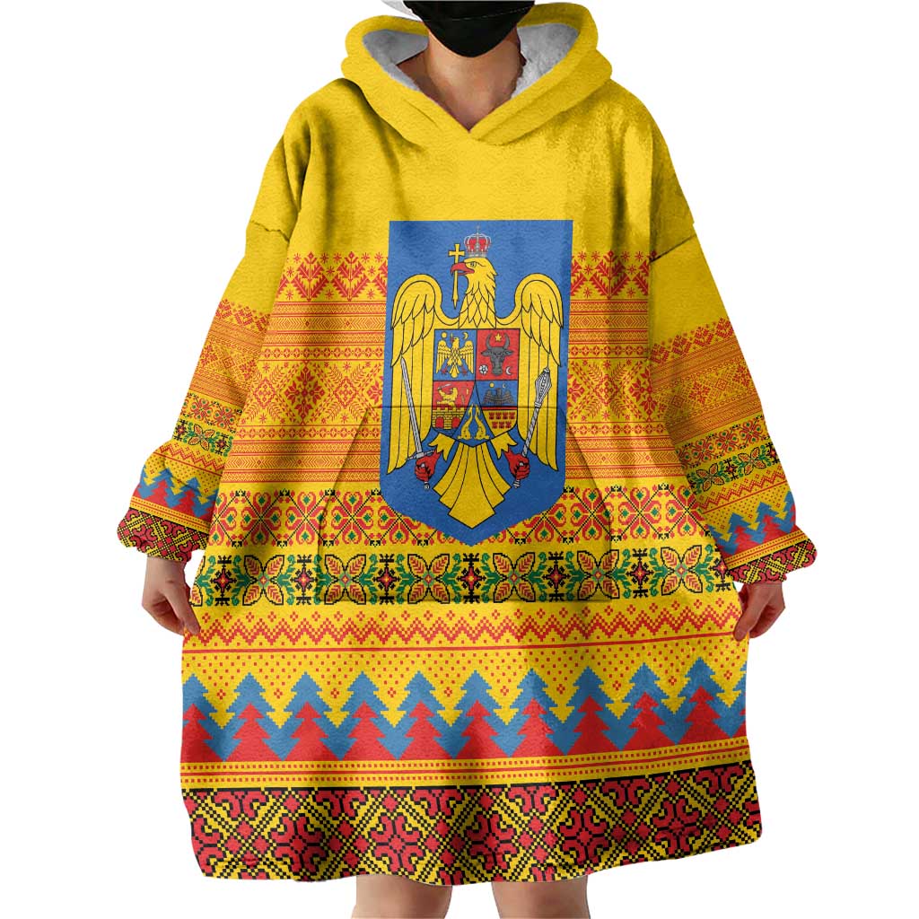 Romania Merry Christmas Wearable Blanket Hoodie Romania Emblem Traditional Folk Art - Polynesian Pride