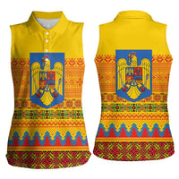 Romania Merry Christmas Women Sleeveless Polo Shirt Romania Emblem Traditional Folk Art - Polynesian Pride