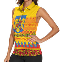 Romania Merry Christmas Women Sleeveless Polo Shirt Romania Emblem Traditional Folk Art - Polynesian Pride