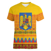 Romania Merry Christmas Women V-Neck T-Shirt Romania Emblem Traditional Folk Art - Polynesian Pride