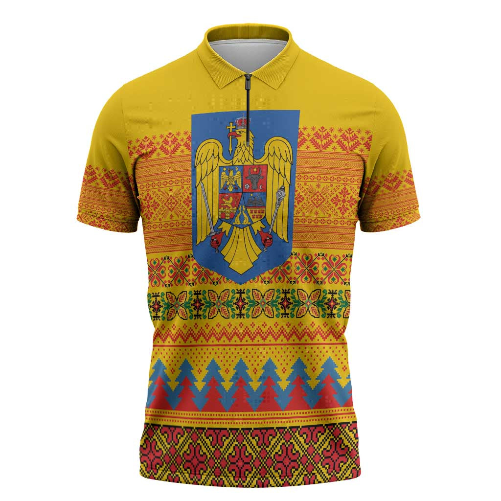 Romania Merry Christmas Zipper Polo Shirt Romania Emblem Traditional Folk Art - Polynesian Pride
