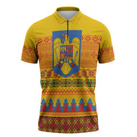 Romania Merry Christmas Zipper Polo Shirt Romania Emblem Traditional Folk Art - Polynesian Pride