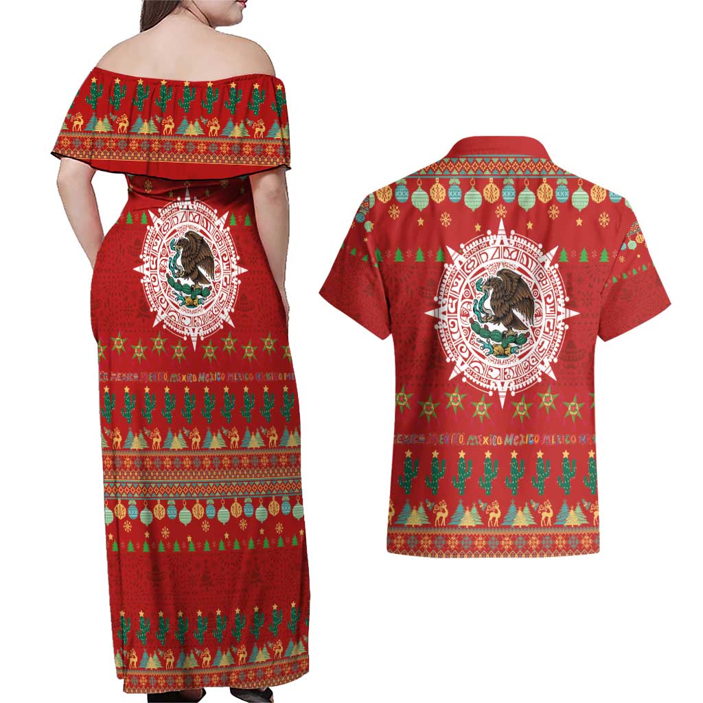 Mexico Merry Christmas Couples Matching Off Shoulder Maxi Dress and Hawaiian Shirt Mexican Cultural Emblem Xmas Style - Polynesian Pride