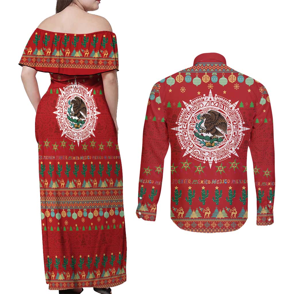 Mexico Merry Christmas Couples Matching Off Shoulder Maxi Dress and Long Sleeve Button Shirt Mexican Cultural Emblem Xmas Style - Polynesian Pride