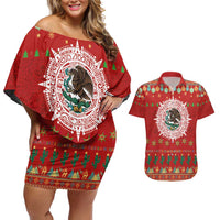 Mexico Merry Christmas Couples Matching Off Shoulder Short Dress and Hawaiian Shirt Mexican Cultural Emblem Xmas Style - Polynesian Pride