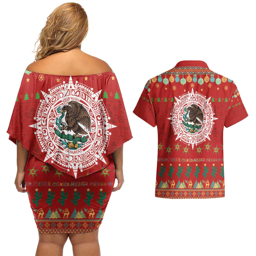 Mexico Merry Christmas Couples Matching Off Shoulder Short Dress and Hawaiian Shirt Mexican Cultural Emblem Xmas Style - Polynesian Pride