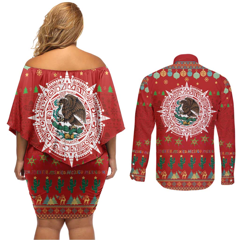 Mexico Merry Christmas Couples Matching Off Shoulder Short Dress and Long Sleeve Button Shirt Mexican Cultural Emblem Xmas Style - Polynesian Pride