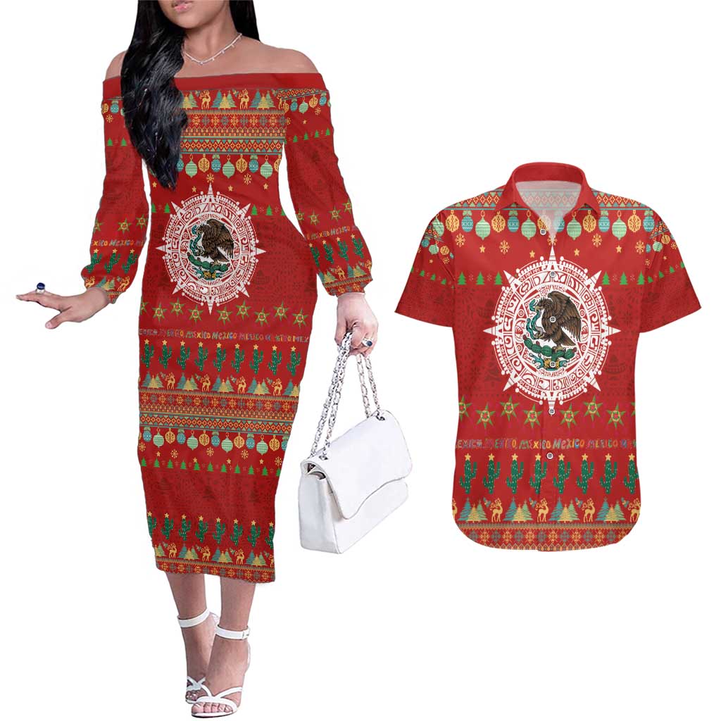 Mexico Merry Christmas Couples Matching Off The Shoulder Long Sleeve Dress and Hawaiian Shirt Mexican Cultural Emblem Xmas Style - Polynesian Pride