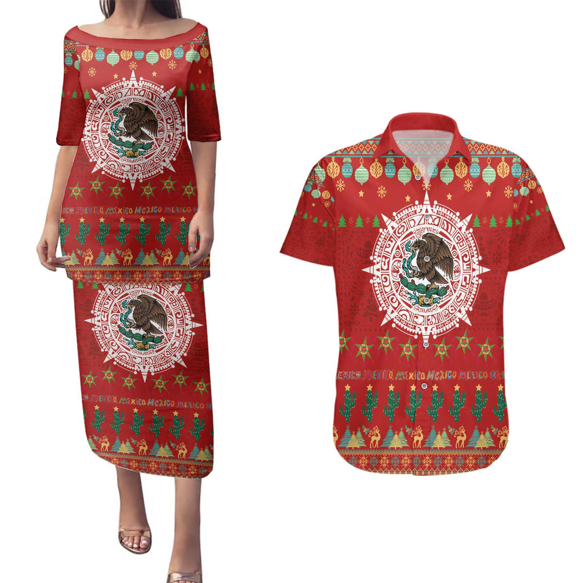 Mexico Merry Christmas Couples Matching Puletasi and Hawaiian Shirt Mexican Cultural Emblem Xmas Style - Polynesian Pride