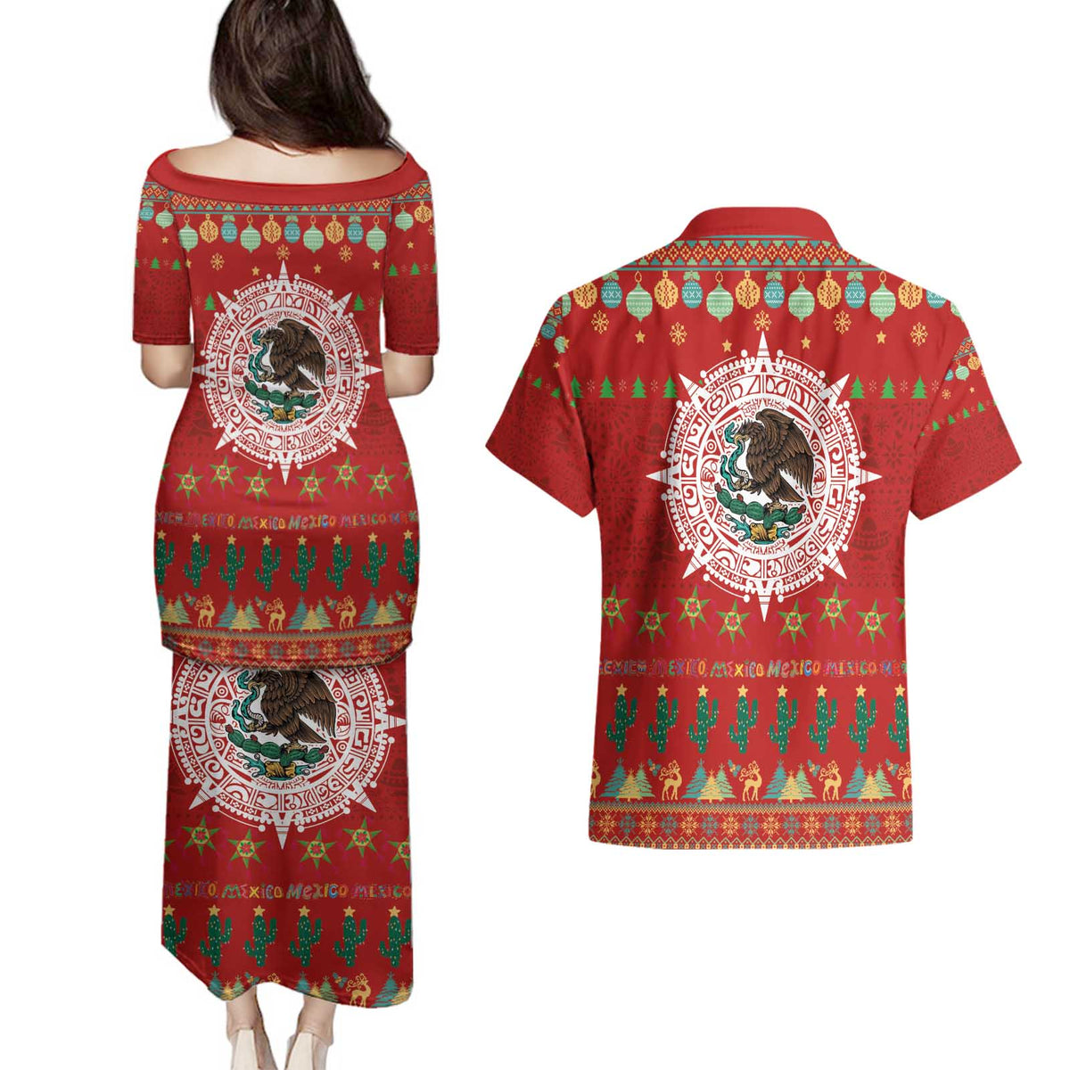 Mexico Merry Christmas Couples Matching Puletasi and Hawaiian Shirt Mexican Cultural Emblem Xmas Style - Polynesian Pride