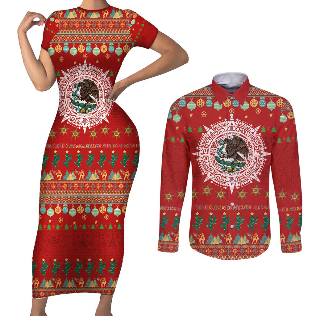 Mexico Merry Christmas Couples Matching Short Sleeve Bodycon Dress and Long Sleeve Button Shirt Mexican Cultural Emblem Xmas Style - Polynesian Pride