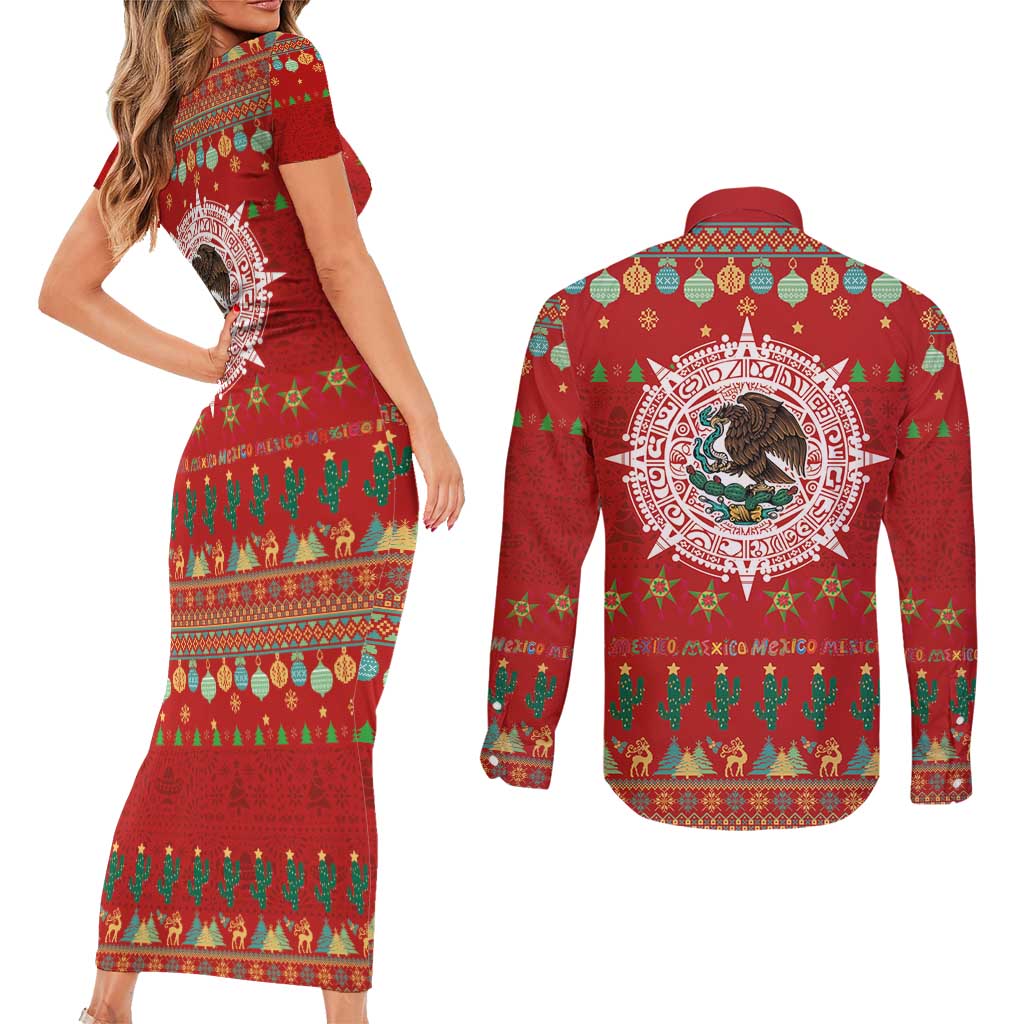 Mexico Merry Christmas Couples Matching Short Sleeve Bodycon Dress and Long Sleeve Button Shirt Mexican Cultural Emblem Xmas Style - Polynesian Pride