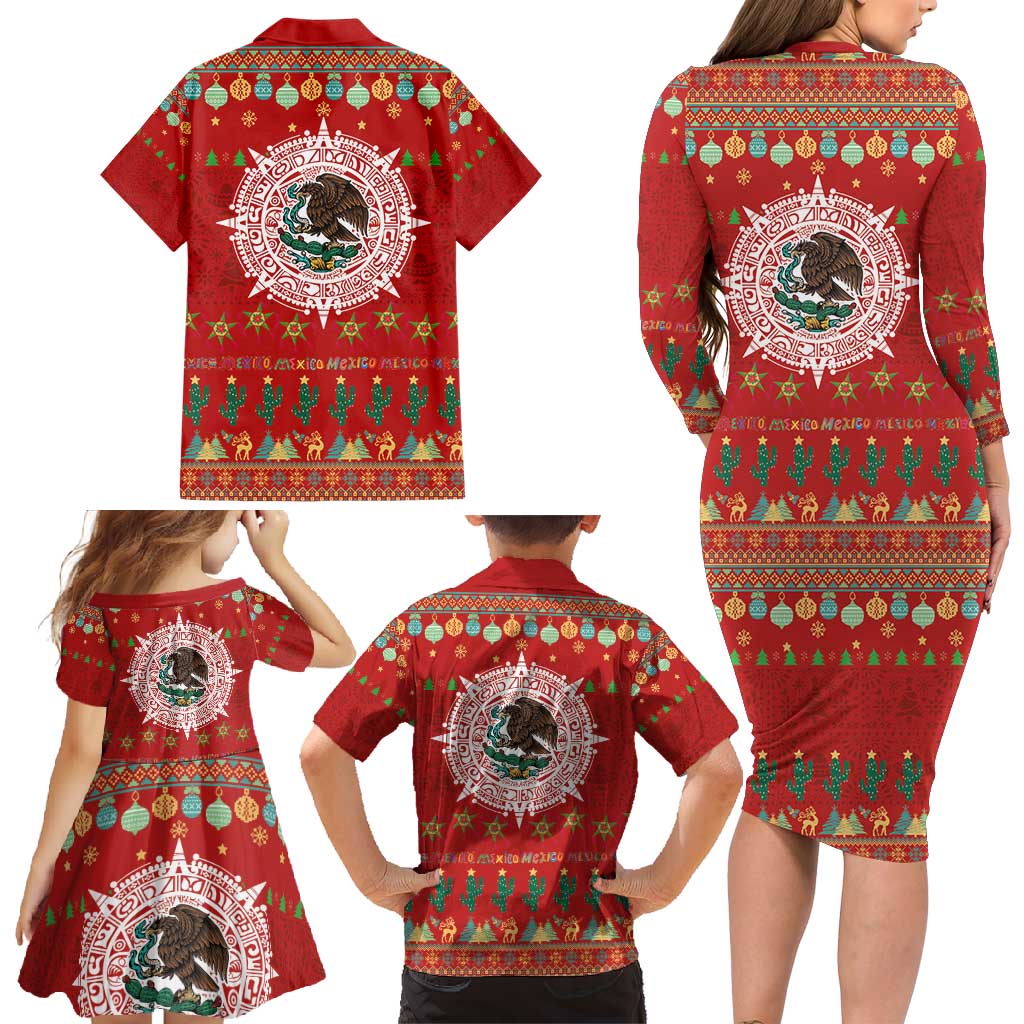 Mexico Merry Christmas Family Matching Long Sleeve Bodycon Dress and Hawaiian Shirt Mexican Cultural Emblem Xmas Style - Polynesian Pride