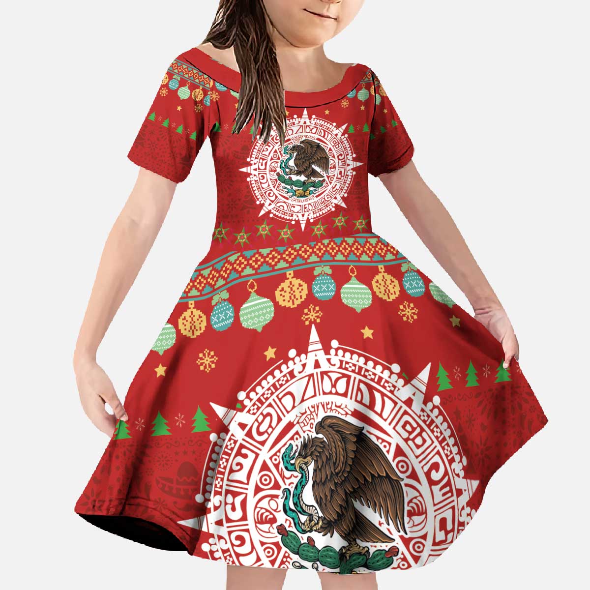 Mexico Merry Christmas Family Matching Off The Shoulder Long Sleeve Dress and Hawaiian Shirt Mexican Cultural Emblem Xmas Style - Polynesian Pride