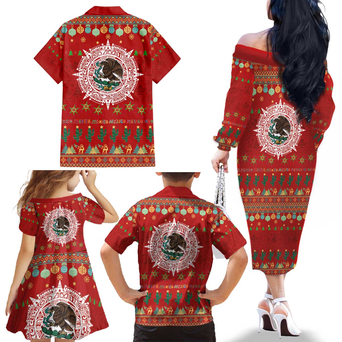 Mexico Merry Christmas Family Matching Off The Shoulder Long Sleeve Dress and Hawaiian Shirt Mexican Cultural Emblem Xmas Style - Polynesian Pride