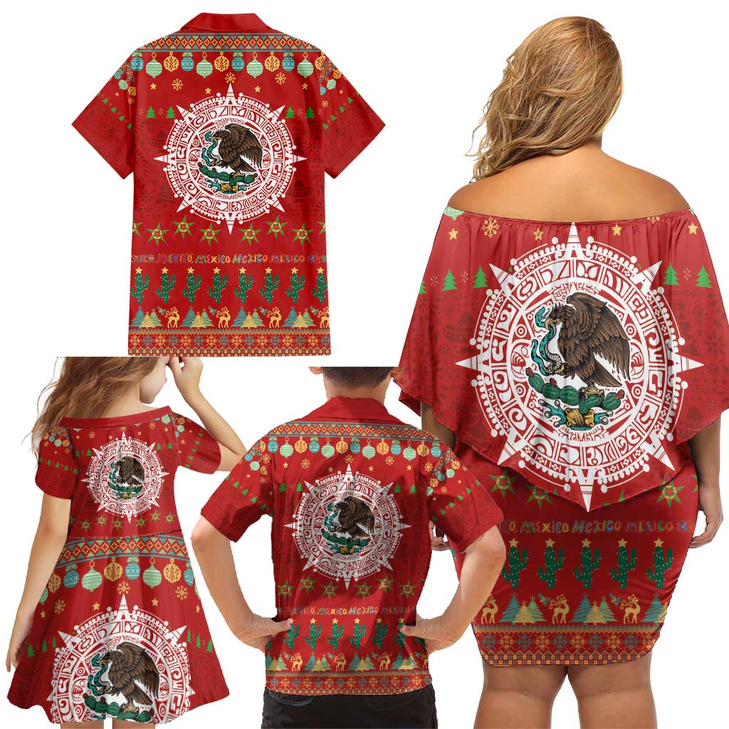 Mexico Merry Christmas Family Matching Off Shoulder Short Dress and Hawaiian Shirt Mexican Cultural Emblem Xmas Style - Polynesian Pride