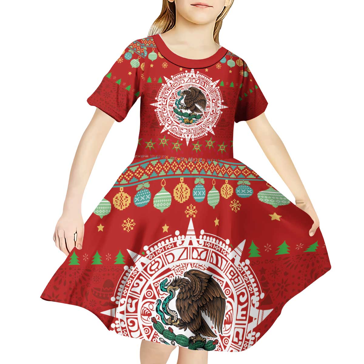 Mexico Merry Christmas Kid Short Sleeve Dress Mexican Cultural Emblem Xmas Style - Polynesian Pride