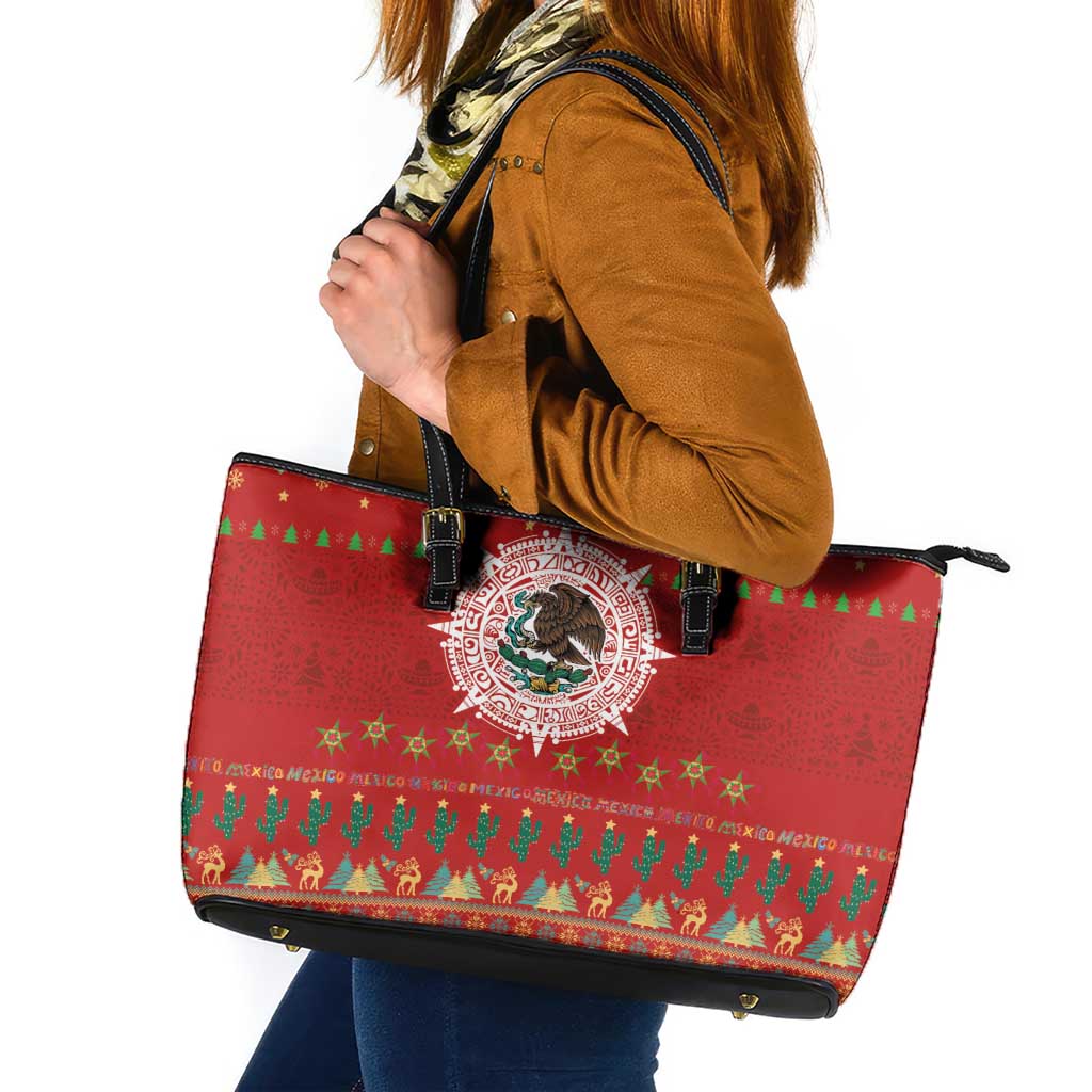 Mexico Merry Christmas Leather Tote Bag Mexican Cultural Emblem Xmas Style - Polynesian Pride